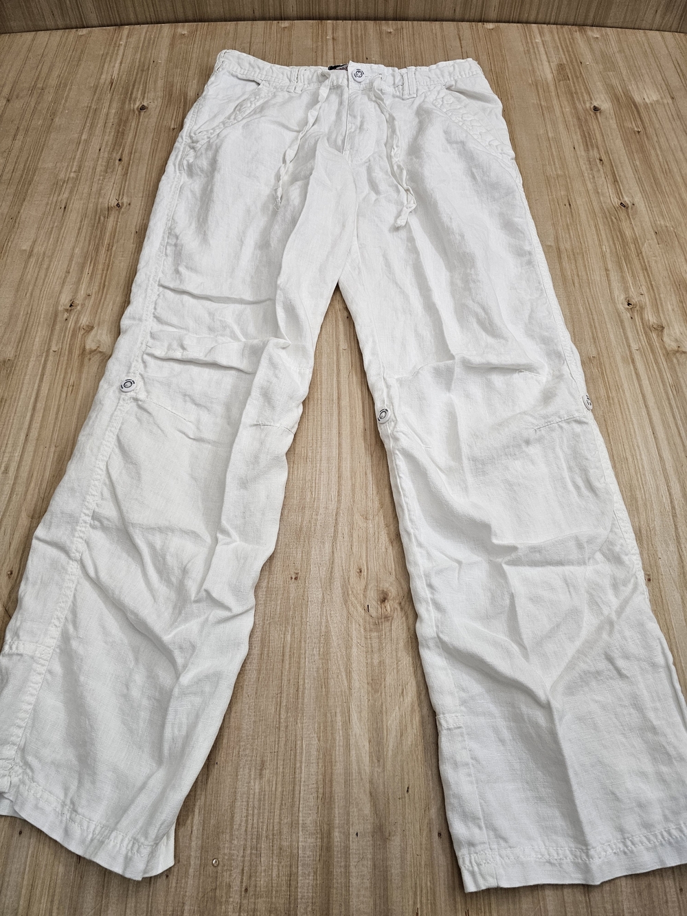 Point Zero Unisex White 100% Linen Cargo Pants 33×30